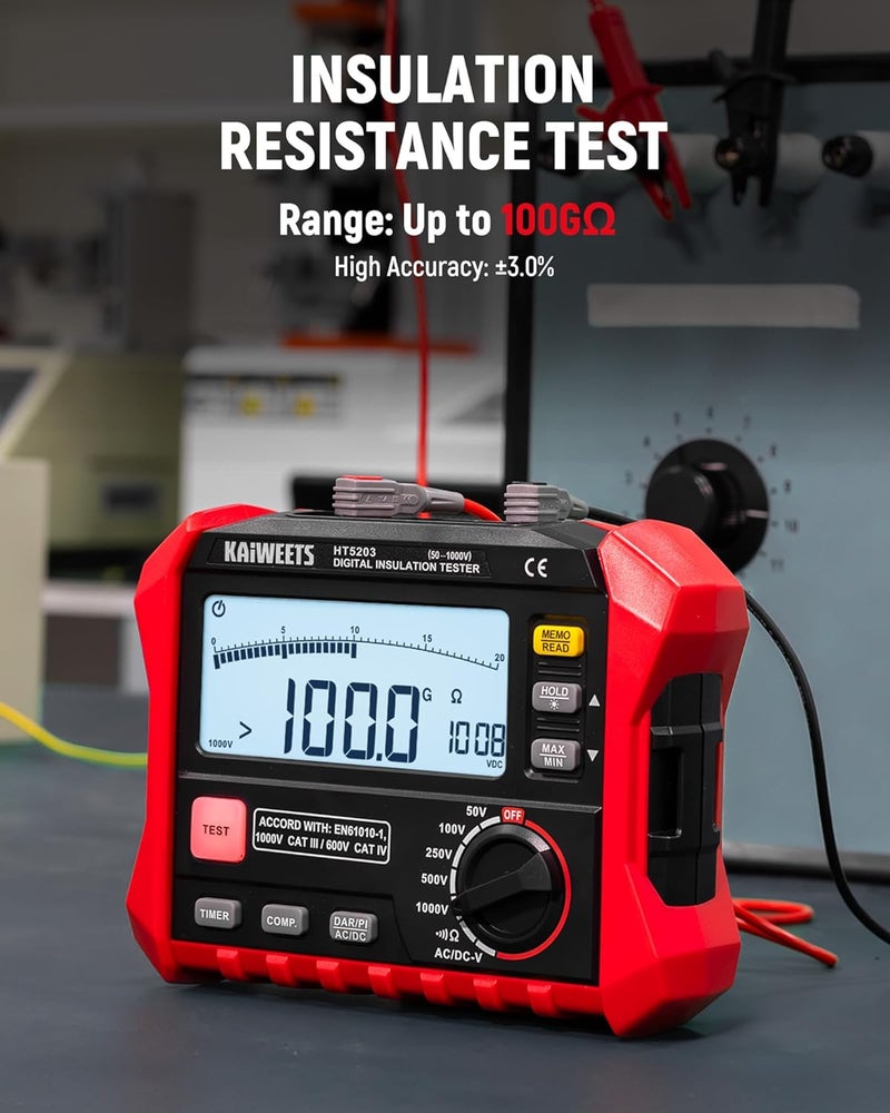 KAIWEETS Megohmmeter, Insulation Resistance Tester, Up to 100GΩ, 50V/100V/250V/500V/1000V, One-Touch DAR/PI, with AC/DC Voltage Testing for Motors, Solar, HVAC - Image 3